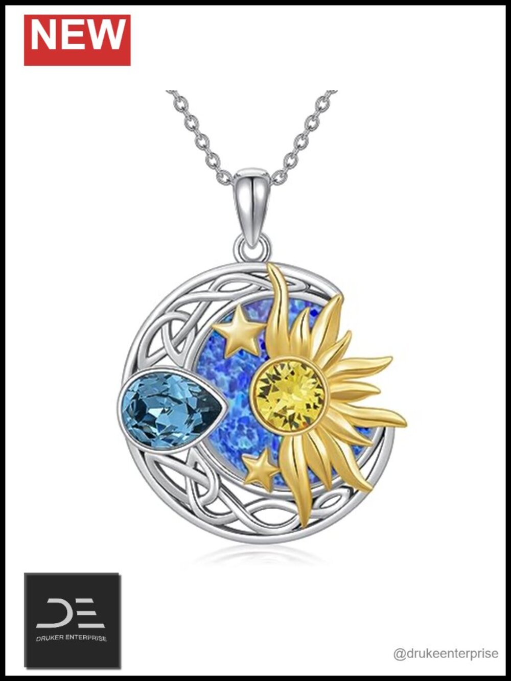 925 Sterling Silver Sun Moon Star Necklace Celtic Pendant Adjustable Chain